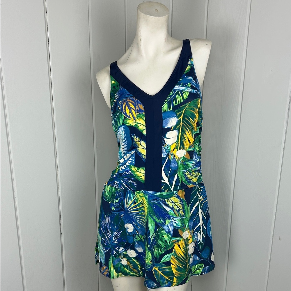 Susan Graver Soleil Swim Dress V-Neck Colorblock Navy Rio Tropical Size 10 New - Picture 9 of 10